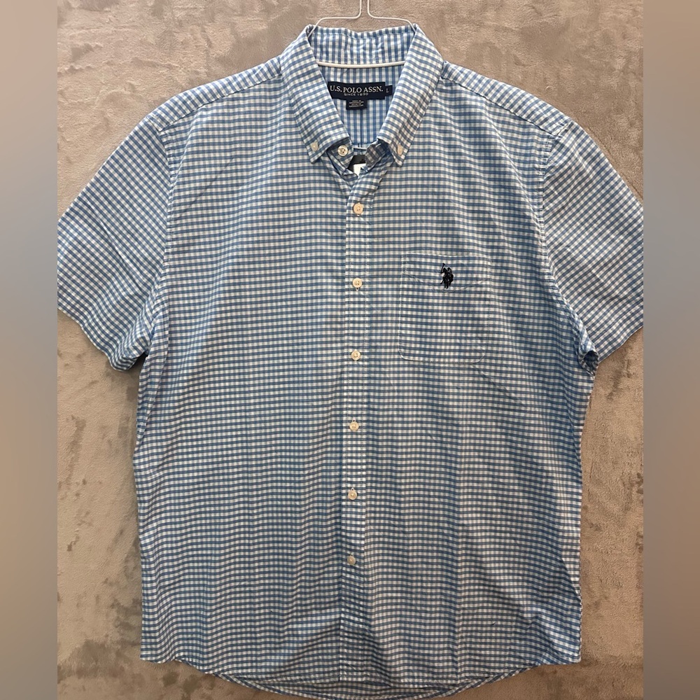U.S. Polo Assn. Shirt Mens Large Blue Gingham Short Sleeve Button Down Pocket